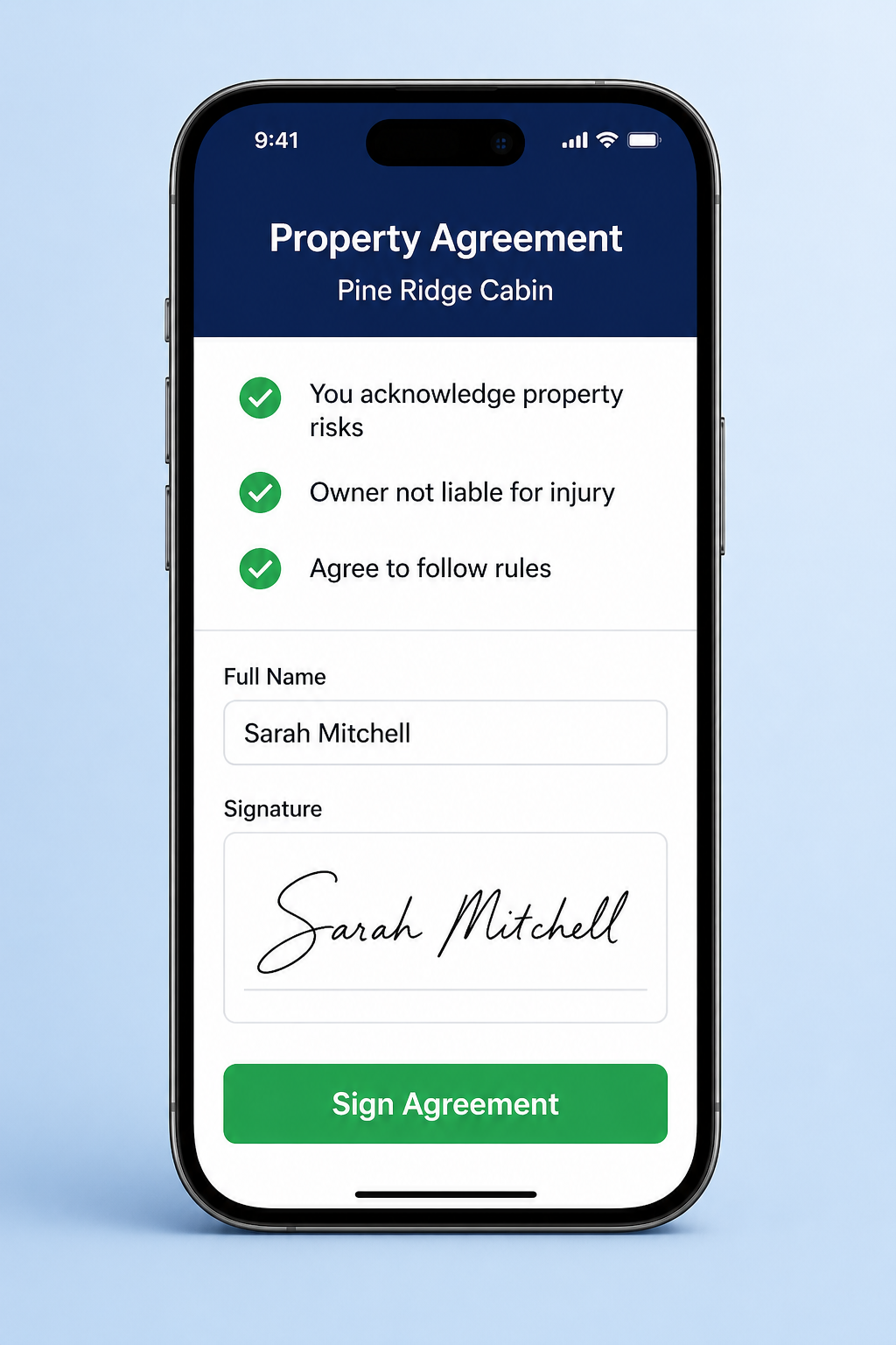 Waiver app: scan, read, sign in 30 seconds on a phone